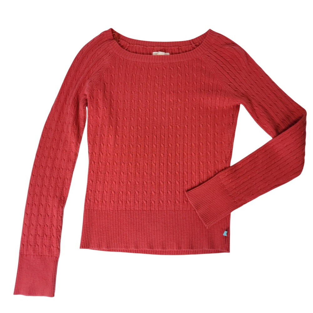 Aeropostale Womens Cable Knit Sweater Coral Red Scoop Neck Raglan Sleeve Large